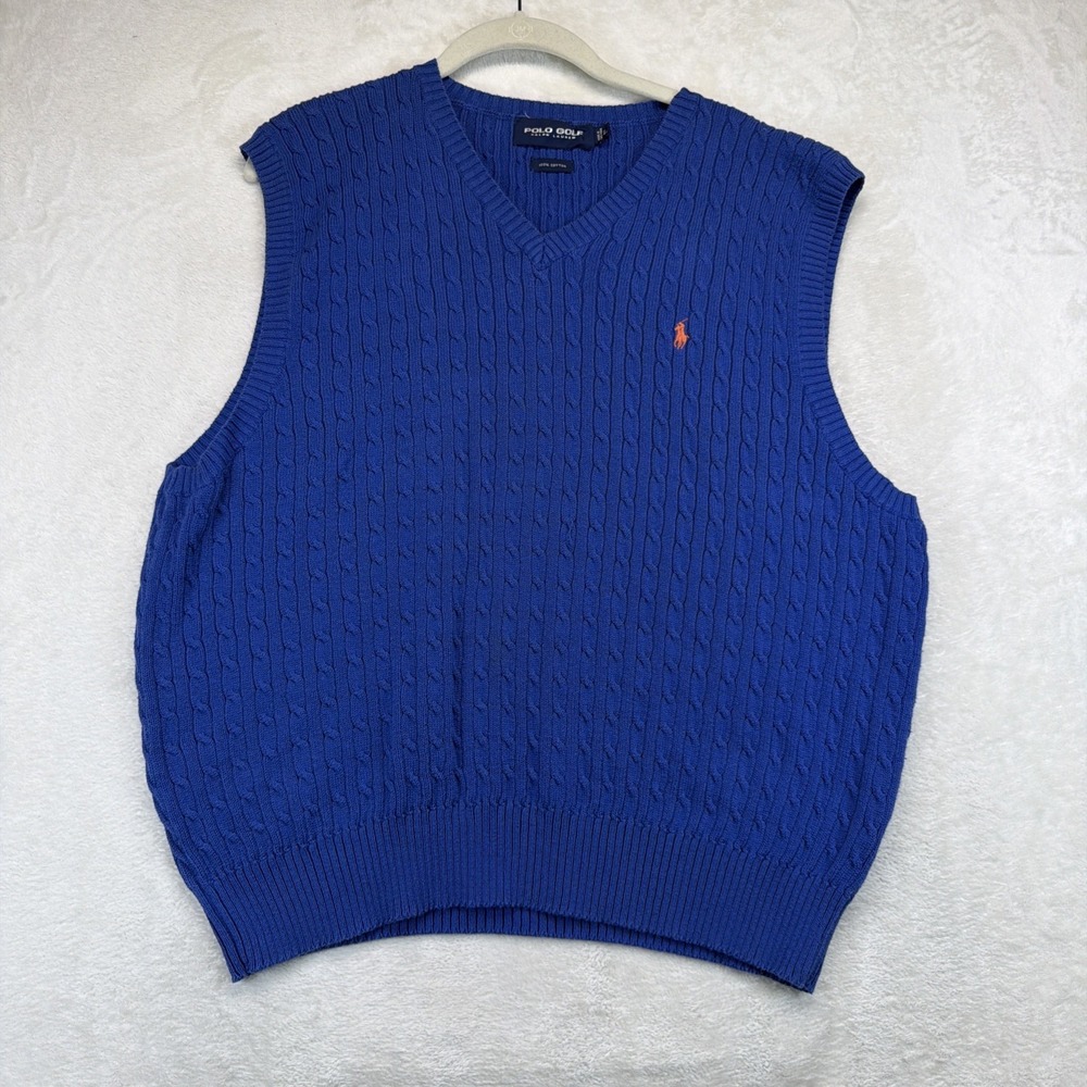 Polo Golf Ralph Lauren Mens L Blue Cable Knit Sweater Vest V Neck Cotton Pony